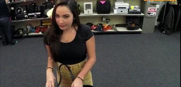  College girl flashes her tits at the pawnshop for money